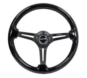 NRG Reinforced Classic Wood Grain Wheel, 350mm, 3 spoke Slotted Center Black with Black Painted Wood - RST-018BK-BK