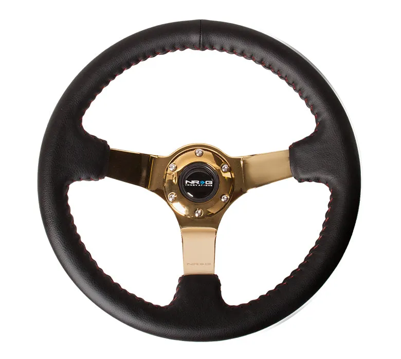 NRG Reinforced Steering Wheel - 350mm sport steering wheel (3' deep) black leather with red baseball stitching - CHROME GOLD spoke - RST-036GD