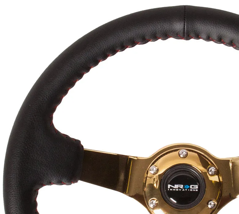 NRG Reinforced Steering Wheel - 350mm sport steering wheel (3' deep) black leather with red baseball stitching - CHROME GOLD spoke - RST-036GD