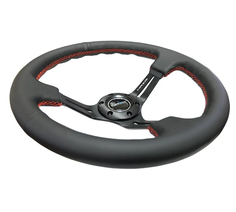 NRG Reinforced Steering Wheel 350mm Sport Steering Wheel (3" Deep) Black Leather with Red Stitching - RST-018R-RS