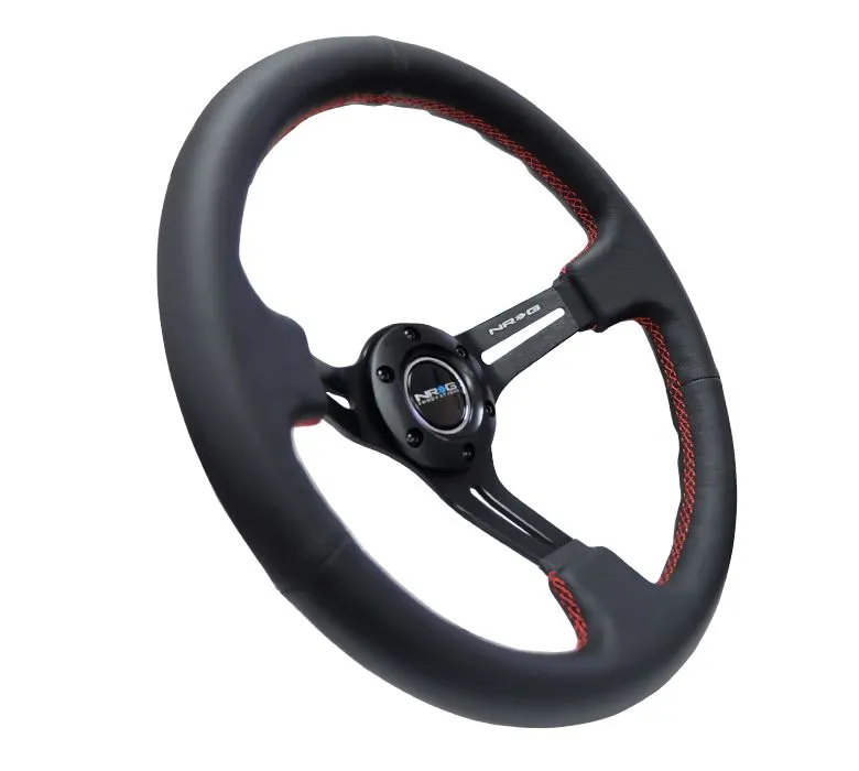 NRG Reinforced Steering Wheel 350mm Sport Steering Wheel (3" Deep) Black Leather with Red Stitching - RST-018R-RS