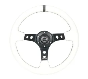 NRG Reinforced Steering Wheel - 350mm Sport Steering Wheel (3" Deep) - Black Spoke w/ Round holes / White Leather / White Stripes - RST-006BK-WT-B