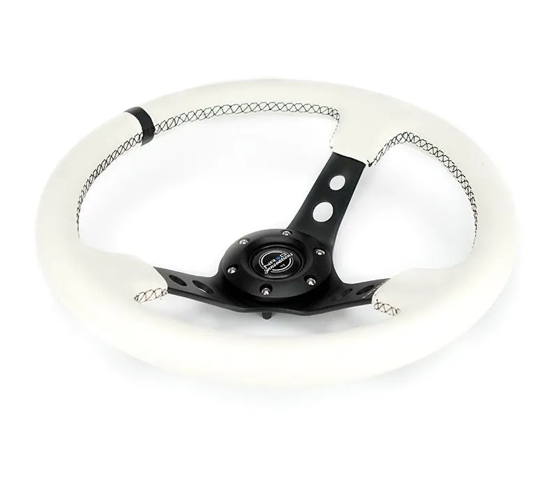 NRG Reinforced Steering Wheel - 350mm Sport Steering Wheel (3" Deep) - Black Spoke w/ Round holes / White Leather / White Stripes - RST-006BK-WT-B