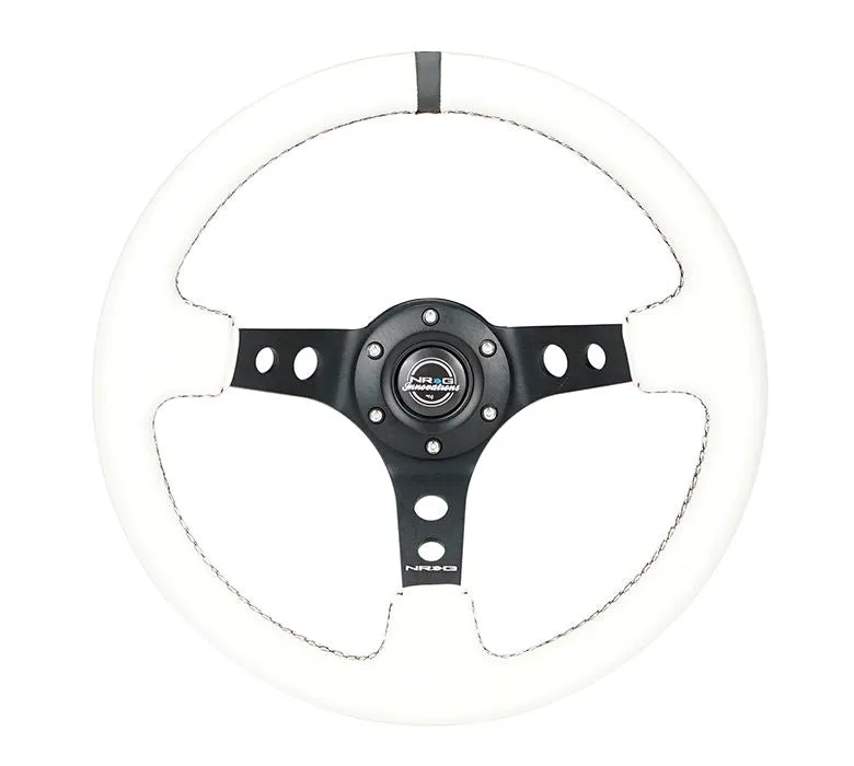 NRG Reinforced Steering Wheel - 350mm Sport Steering Wheel (3" Deep) - Black Spoke w/ Round holes / White Leather / White Stripes - RST-006BK-WT-B