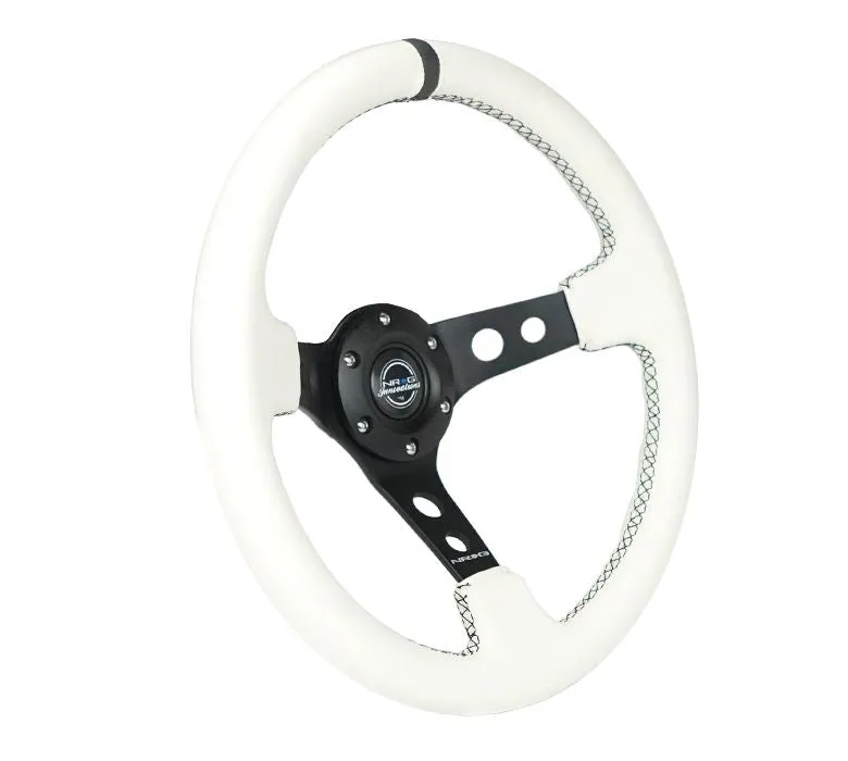 NRG Reinforced Steering Wheel - 350mm Sport Steering Wheel (3" Deep) - Black Spoke w/ Round holes / White Leather / White Stripes - RST-006BK-WT-B