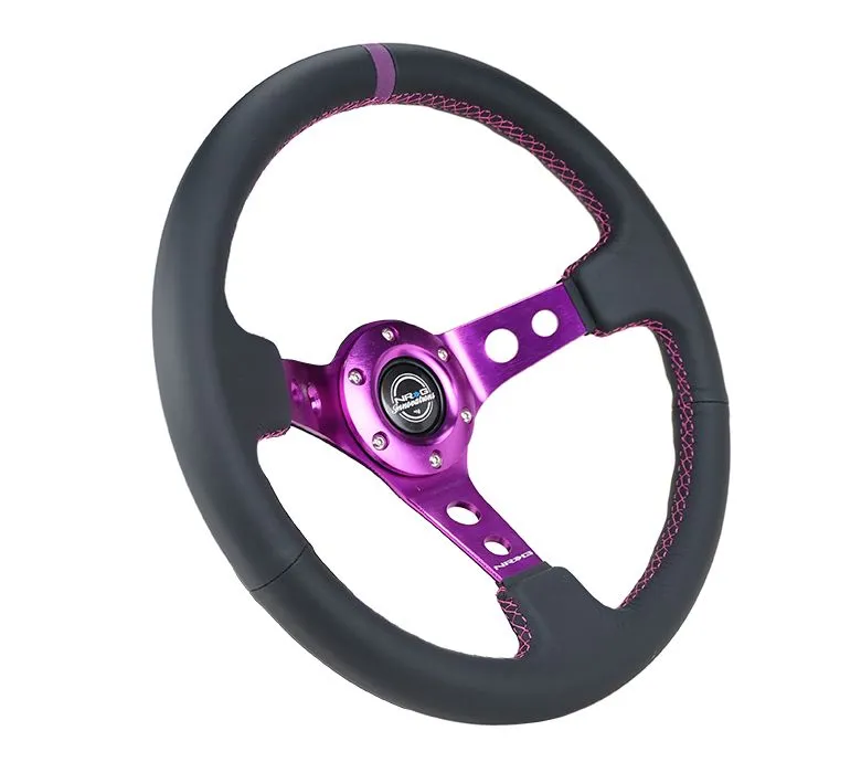 NRG Reinforced Steering Wheel - 350MM Sport Steering Wheel (3" Deep) - Black Suede, Purple center mark with purple stitching, Purple Spoke - RST-006S-PP