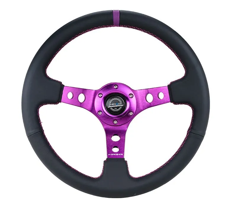 NRG Reinforced Steering Wheel - 350MM Sport Steering Wheel (3" Deep) - Black Suede, Purple center mark with purple stitching, Purple Spoke - RST-006S-PP