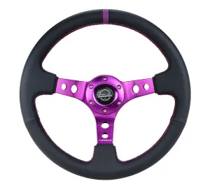 NRG Reinforced Steering Wheel - 350MM Sport Steering Wheel (3" Deep) - Black Suede, Purple center mark with purple stitching, Purple Spoke - RST-006S-PP