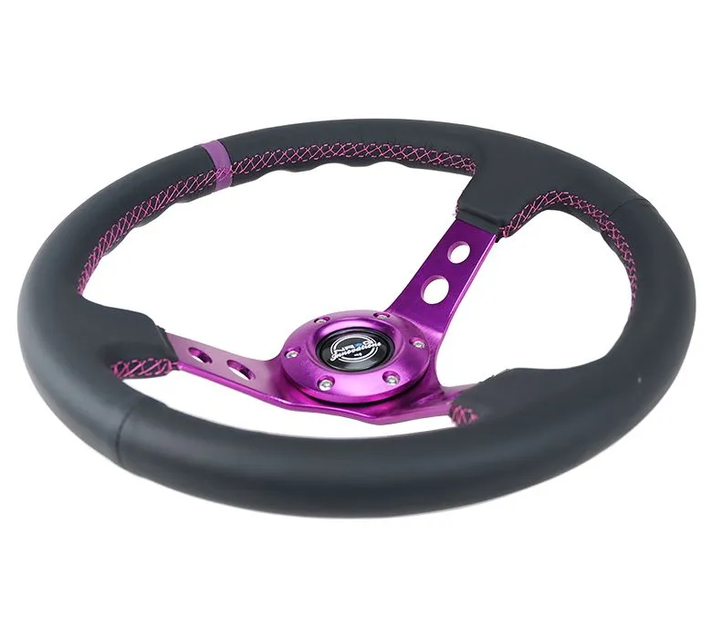 NRG Reinforced Steering Wheel - 350MM Sport Steering Wheel (3" Deep) - Black Suede, Purple center mark with purple stitching, Purple Spoke - RST-006S-PP