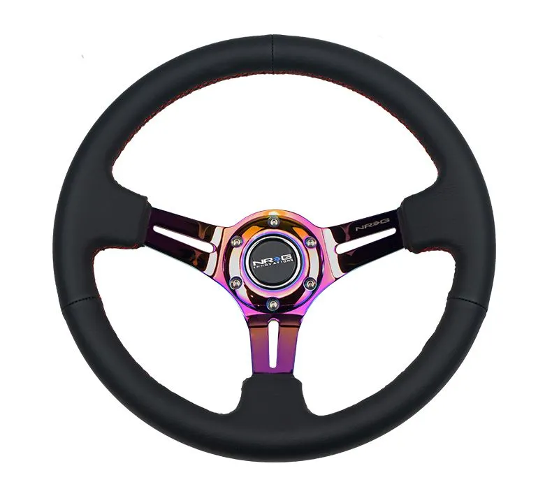 NRG Reinforced Steering Wheel 350mm Sport Steering Wheel Leather (3" Deep) Red Stitch with slits in Neochrome - RST-018R-MCRS