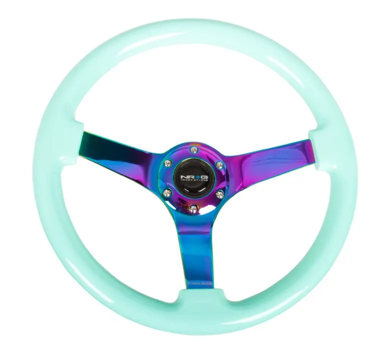 NRG Reinforced Steering Wheel - Classic Black wood Grain Wheel (3" Deep), 350mm, 3 Solid spoke center in Neochrome - RST-036BK-MC