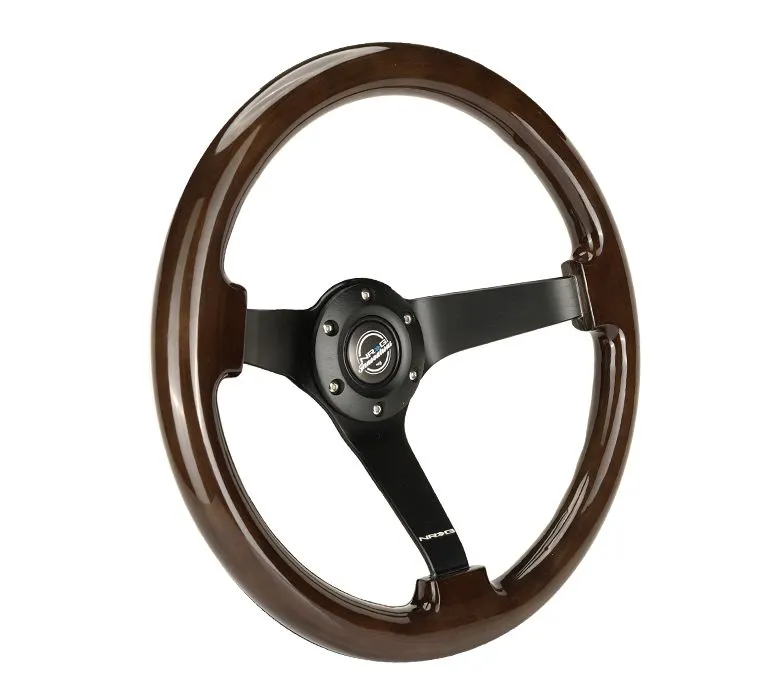 NRG Reinforced Steering Wheel - Classic Dark Wood Grain Wheel (3" Deep), 350mm, 3 Solid spoke center in Black - RST-036BK-BKW