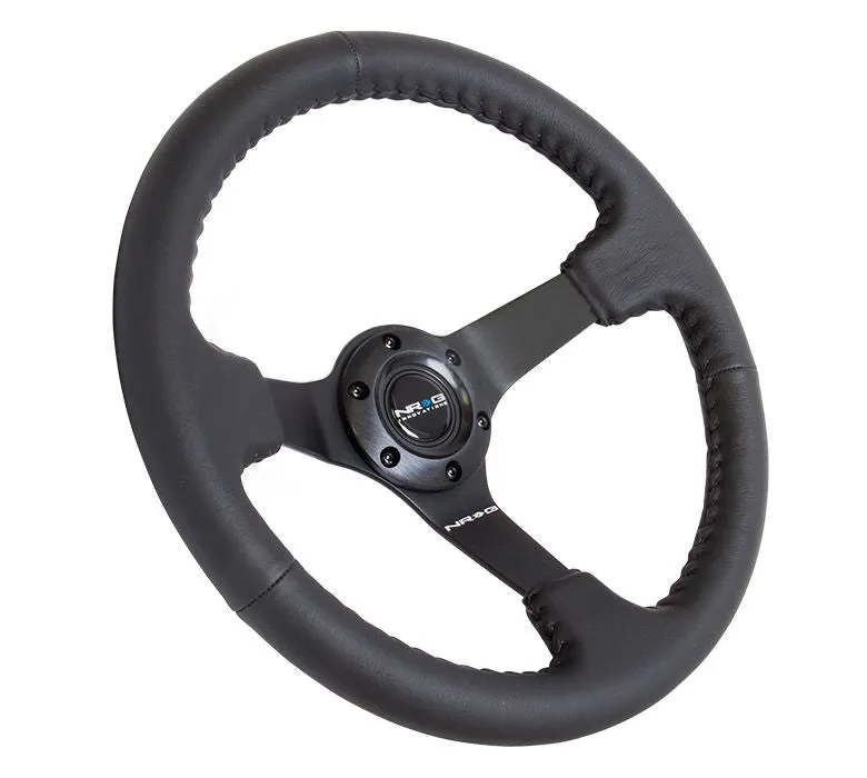 NRG Reinforced Steering Wheel- Odi Signature RACE STYLE - 350mm sport steering wheel (3' deep) black Leather w/ Black baseball stitching - Matte Black spoke - RST-036MB-R