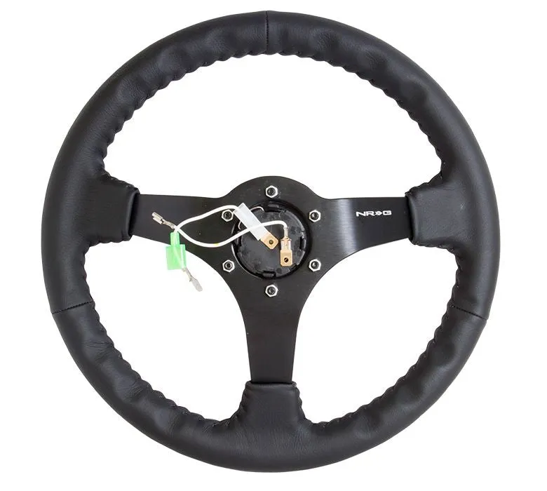 NRG Reinforced Steering Wheel- Odi Signature RACE STYLE - 350mm sport steering wheel (3' deep) black Leather w/ Black baseball stitching - Matte Black spoke - RST-036MB-R