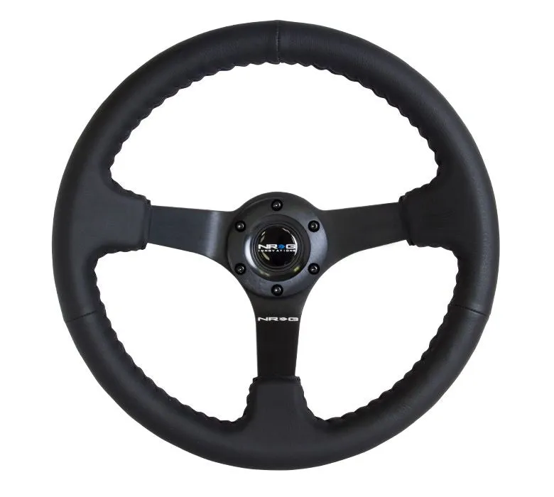 NRG Reinforced Steering Wheel- Odi Signature RACE STYLE - 350mm sport steering wheel (3' deep) black Leather w/ Black baseball stitching - Matte Black spoke - RST-036MB-R