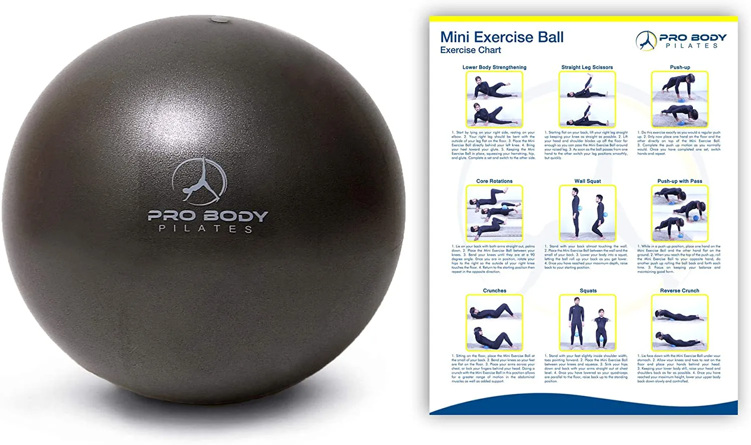 ProBody Pilates Mini Exercise Ball - 9 Inch Small Bender Ball for Stability, Barre, Pilates, Yoga, Balance, Core Training, Stretching and Physical Therapy with Workout Guide