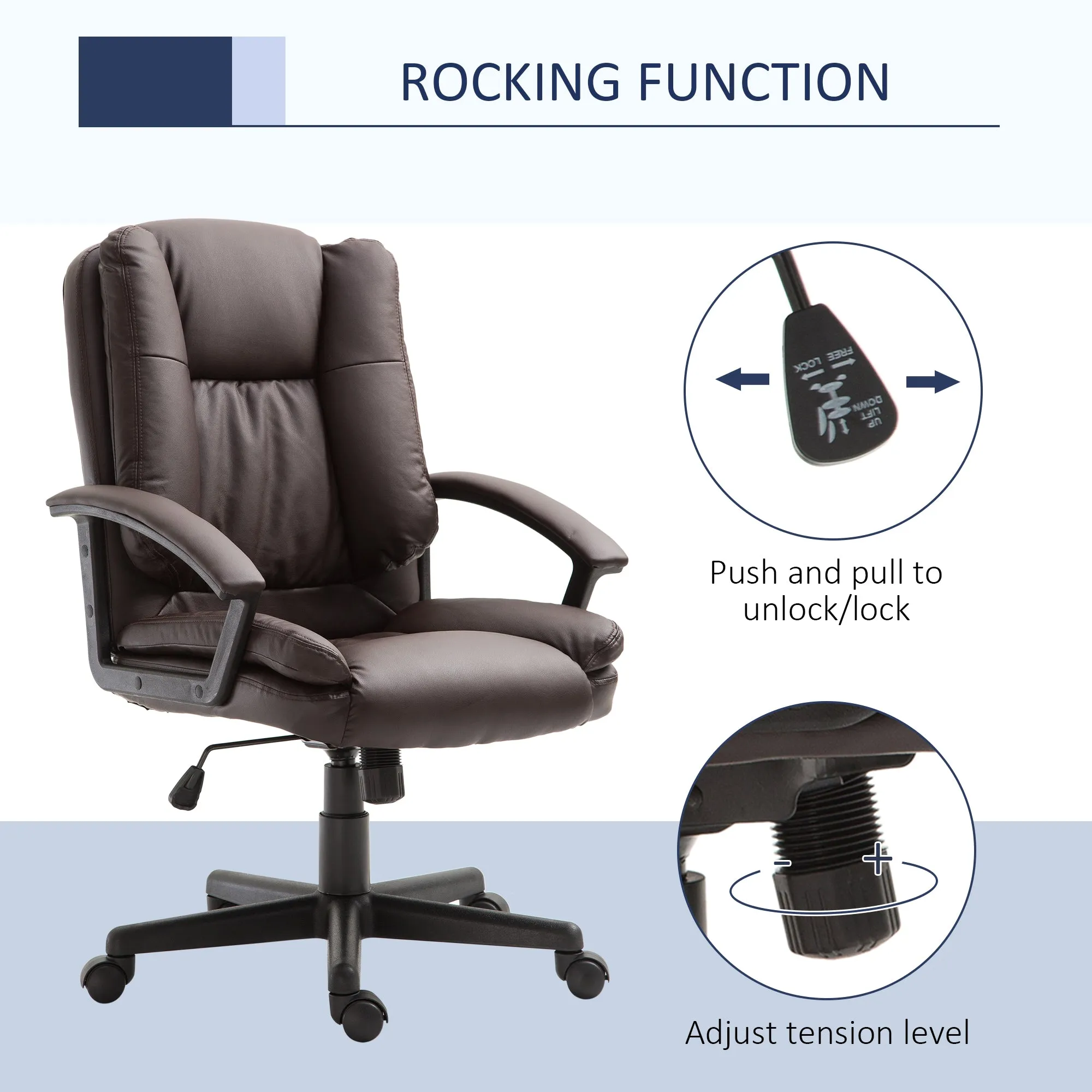 Swivel Executive Office Chair Mid Back Faux Leather Computer Desk Chair for Home with Double-Tier Padding, Arm, Wheels, Brown