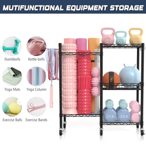 Yoga Mat Storage Rack, 350 LB Load Dumbbell Rack, Height Adjustable Home Gym Storage Weight Rack for Dumbbells Kettlebells Yoga Mat Yoga Ball